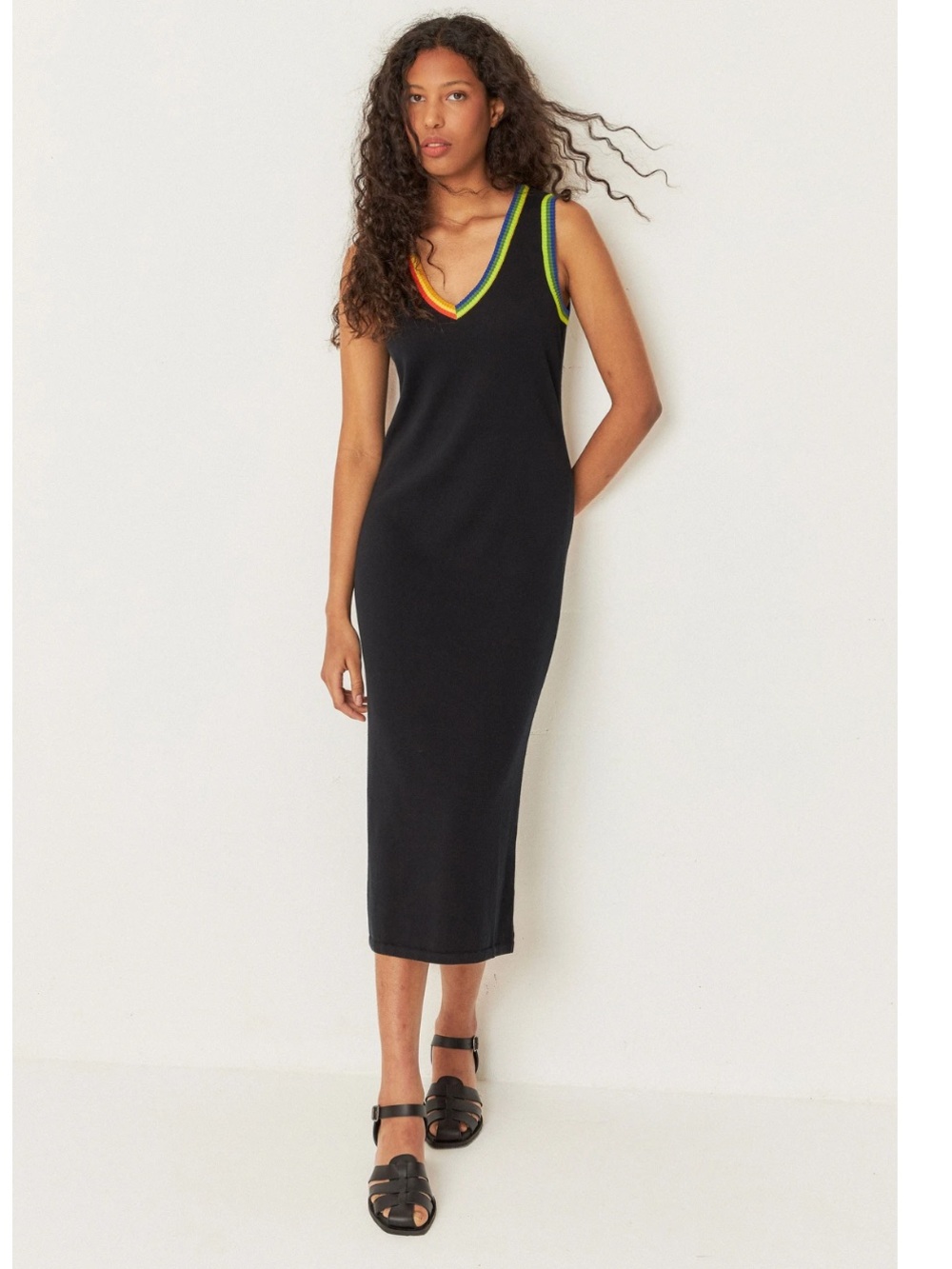 NWT SKFK Ihara Dress US 6 Black Organic Cotton Rainbow Trim Midi